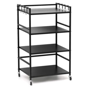 4 Tier Metal Dish Rack Height Adjustable Microwave Stand with Hanging Plastic Hooks OTG & Oven Stand Cabinet Microwave Rack with Rolling Wheels Kitchen Dish Organizer Tiered Shelf - Black