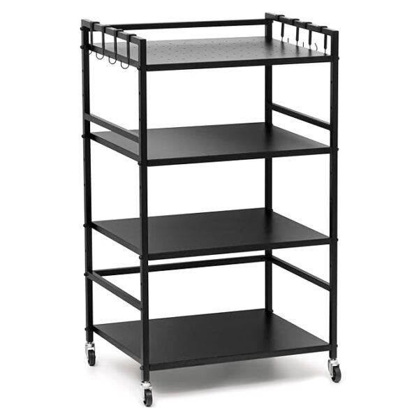 4 Tier Metal Dish Rack Height Adjustable Microwave Stand with Hanging Plastic Hooks OTG & Oven Stand Cabinet Microwave Rack with Rolling Wheels Kitchen Dish Organizer Tiered Shelf - Black
