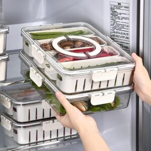 Divided Fridge Storage Boxes With 4 Serving Veggie Tray with Lid and Handle, Fridge Organizer with Removable 4 Compartment, Fridge Storage Containers (4 Compartment-2PC)