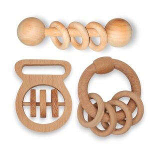 Baby Toys for 0 to 6 Month - Set of 3 Wooden Toys for New Born Baby - Organic Beech Wood Rattle Set (Ring Rattle, Dumble Rattle and Stopwatch Rattle 3 Pcs Set)
