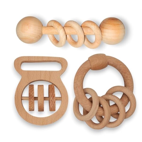 Baby Toys for 0 to 6 Month - Set of 3 Wooden Toys for New Born Baby - Organic Beech Wood Rattle Set (Ring Rattle, Dumble Rattle and Stopwatch Rattle 3 Pcs Set)