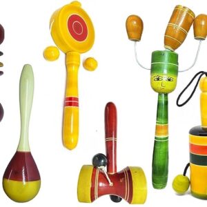 Wooden Baby Rattles Combo Pack Set of 6, Non Toxic Channapatna Toys - Baby Musical Toys, Teether, Natural Colours, Loud Sound for New Born, Baby, Infants.