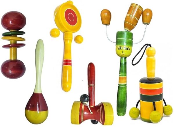Wooden Baby Rattles Combo Pack Set of 6, Non Toxic Channapatna Toys - Baby Musical Toys, Teether, Natural Colours, Loud Sound for New Born, Baby, Infants.