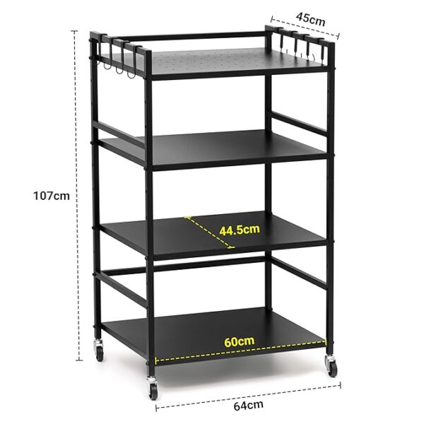 4 Tier Metal Dish Rack Height Adjustable Microwave Stand with Hanging Plastic Hooks OTG & Oven Stand Cabinet Microwave Rack with Rolling Wheels Kitchen Dish Organizer Tiered Shelf - Black - Image 2