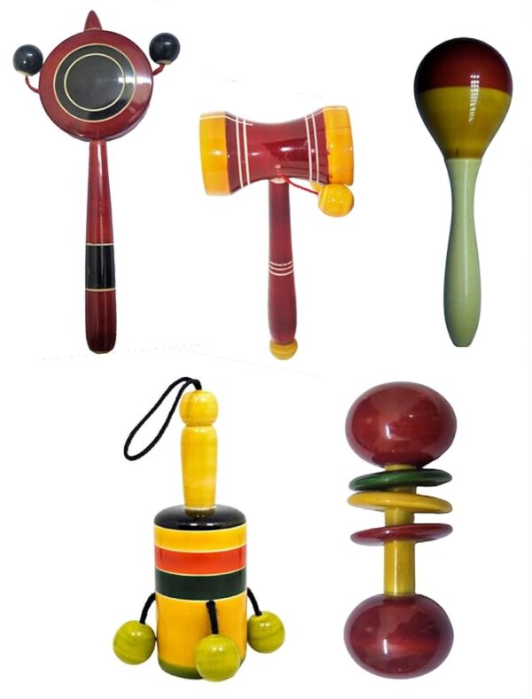 Wooden Baby Rattles Combo Pack Set of 6, Non Toxic Channapatna Toys - Baby Musical Toys, Teether, Natural Colours, Loud Sound for New Born, Baby, Infants. - Image 2