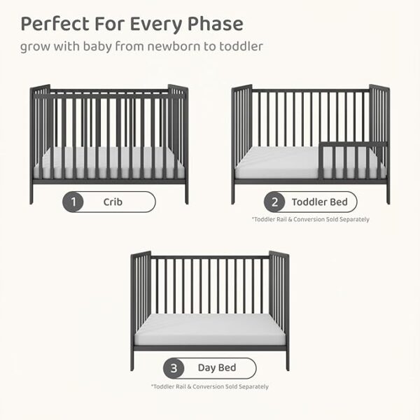 3-in-1 Convertible Metal Baby Crib with Toddler Bed and Daybed Conversion - 3 Adjustable Mattress Heights, Easy to Assemble (Grey), Applicable Mattress Size is 24 X 48 inches, 0-4 Years - Image 3