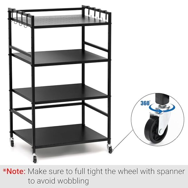 4 Tier Metal Dish Rack Height Adjustable Microwave Stand with Hanging Plastic Hooks OTG & Oven Stand Cabinet Microwave Rack with Rolling Wheels Kitchen Dish Organizer Tiered Shelf - Black - Image 3