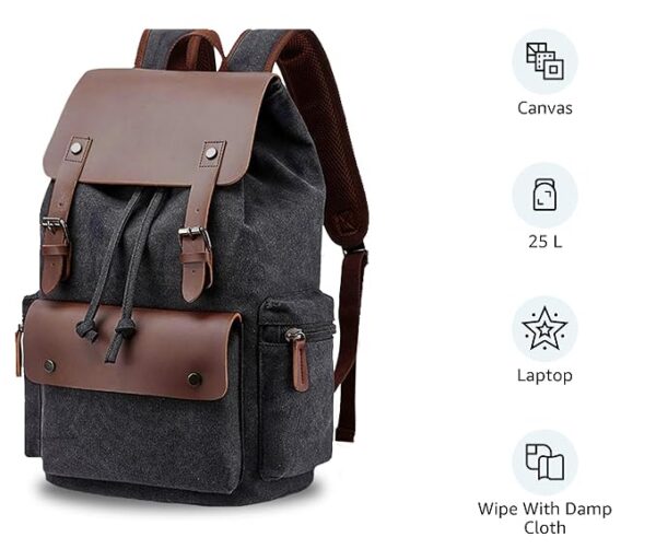 Eco Friendly Travel Charcoal Laptop Backpack Made of Water Resistant Sustainable Canvas and Vegan Leather for Men and Women for Travel Hiking Work - Image 3