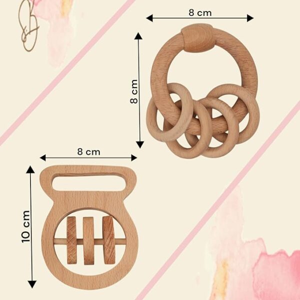 Baby Toys for 0 to 6 Month - Set of 3 Wooden Toys for New Born Baby - Organic Beech Wood Rattle Set (Ring Rattle, Dumble Rattle and Stopwatch Rattle 3 Pcs Set) - Image 2