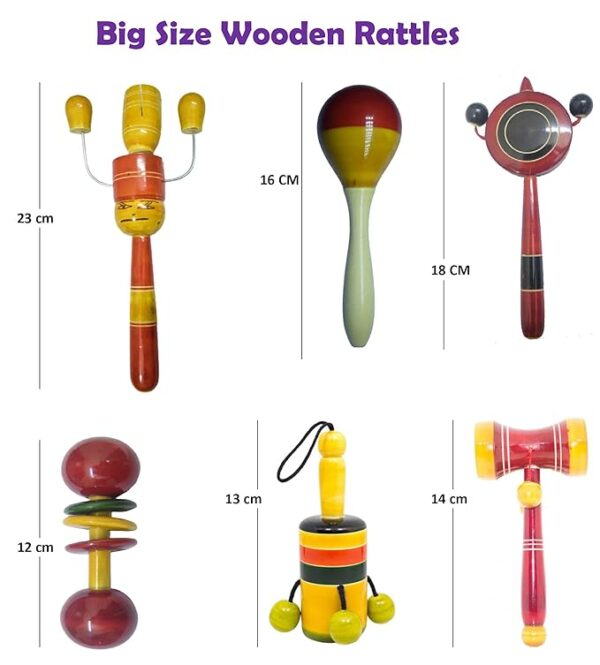 Wooden Baby Rattles Combo Pack Set of 6, Non Toxic Channapatna Toys - Baby Musical Toys, Teether, Natural Colours, Loud Sound for New Born, Baby, Infants. - Image 3