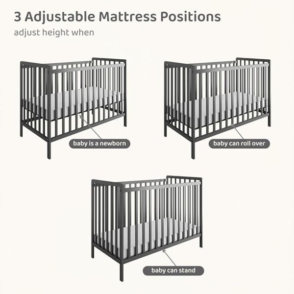 3-in-1 Convertible Metal Baby Crib with Toddler Bed and Daybed Conversion - 3 Adjustable Mattress Heights, Easy to Assemble (Grey), Applicable Mattress Size is 24 X 48 inches, 0-4 Years - Image 4