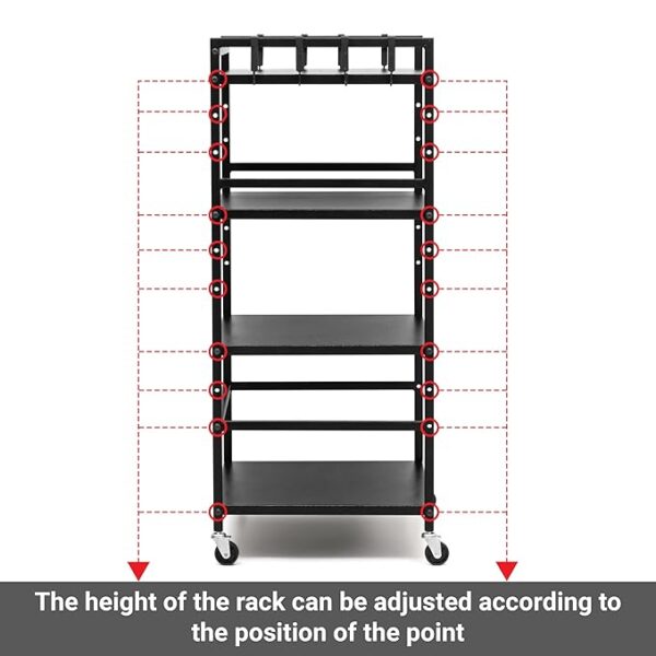 4 Tier Metal Dish Rack Height Adjustable Microwave Stand with Hanging Plastic Hooks OTG & Oven Stand Cabinet Microwave Rack with Rolling Wheels Kitchen Dish Organizer Tiered Shelf - Black - Image 4