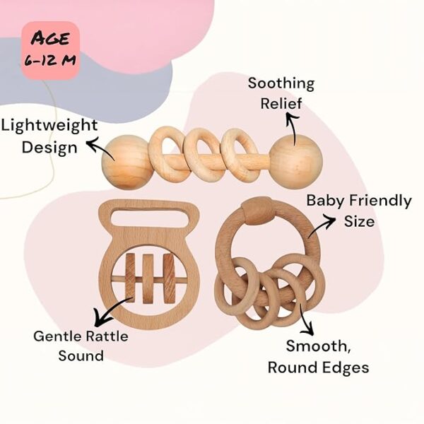 Baby Toys for 0 to 6 Month - Set of 3 Wooden Toys for New Born Baby - Organic Beech Wood Rattle Set (Ring Rattle, Dumble Rattle and Stopwatch Rattle 3 Pcs Set) - Image 3