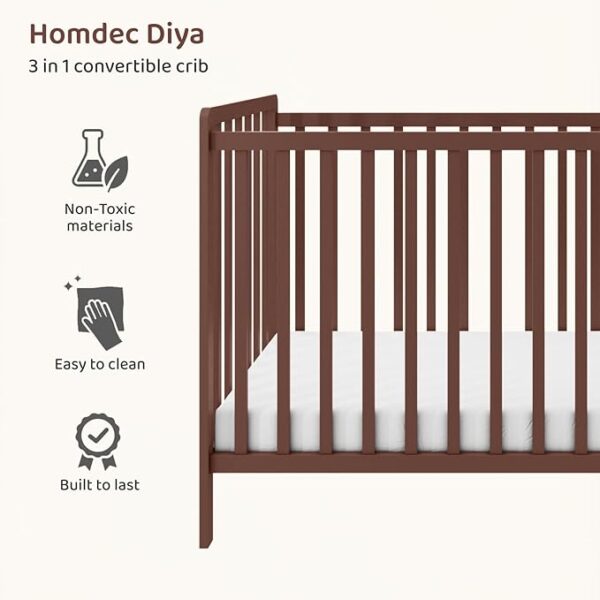 3-in-1 Convertible Metal Baby Crib with Toddler Bed and Daybed Conversion - 3 Adjustable Mattress Heights, Easy to Assemble (Brown), Applicable Mattress Size is 24 X 48 inches, 0-4 Years - Image 5