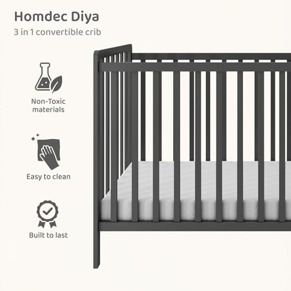 3-in-1 Convertible Metal Baby Crib with Toddler Bed and Daybed Conversion - 3 Adjustable Mattress Heights, Easy to Assemble (Grey), Applicable Mattress Size is 24 X 48 inches, 0-4 Years - Image 5