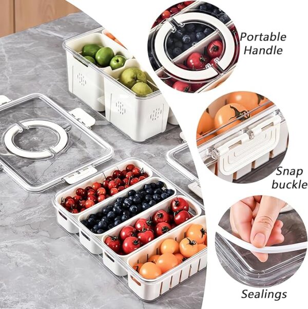 Divided Fridge Storage Boxes With 4 Serving Veggie Tray with Lid and Handle, Fridge Organizer with Removable 4 Compartment, Fridge Storage Containers (4 Compartment-2PC) - Image 5