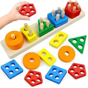 Wooden Sorting & Stackable Blocks for 1 2 3 Year Old, Montessori Toys for Toddlers, Preschool Educational Color Shape Learning Toy Gift for Kids Girls Boys, 21 Pcs