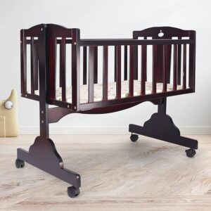 Baby Wooden Cradle, Cot & Crib for Newborn Kids Bedding Set, Sleep Swing with Wheel Lock Function, Age 0-6 Months Upto 20 Kg Weight Capacity (Brown)