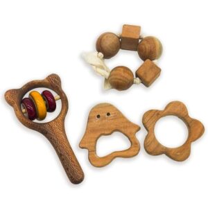 Wooden Baby Toys Combo, 100% Natural Neem Wood Teethers | Montessori Beads & Cubes | Rattle Set for Babies 0-6 Months | Early Education & Motor Skills Development | Handcrafted | Baby Toys for 0 to 6 Month | Wooden Toys