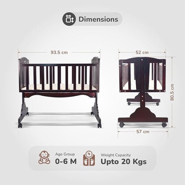 Baby Wooden Cradle, Cot & Crib for Newborn Kids Bedding Set, Sleep Swing with Wheel Lock Function, Age 0-6 Months Upto 20 Kg Weight Capacity (Brown) - Image 2