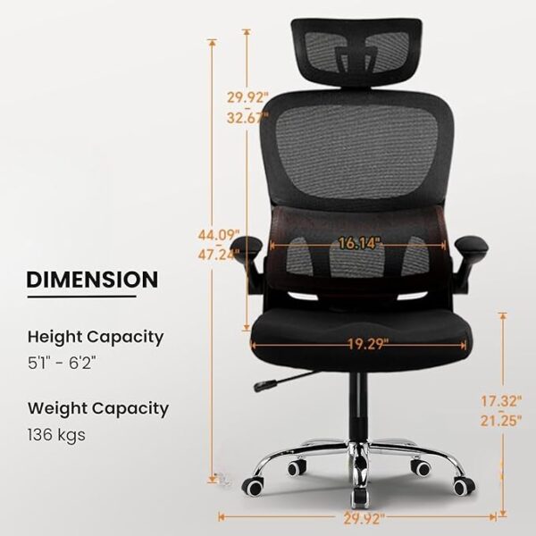 Premium Mesh Office Chair, Ergonomic Work from Home Chair, Auto-Adaptive Lumbar Support, Adjustable Headrest, 3 Year Warranty (Black) - Image 2