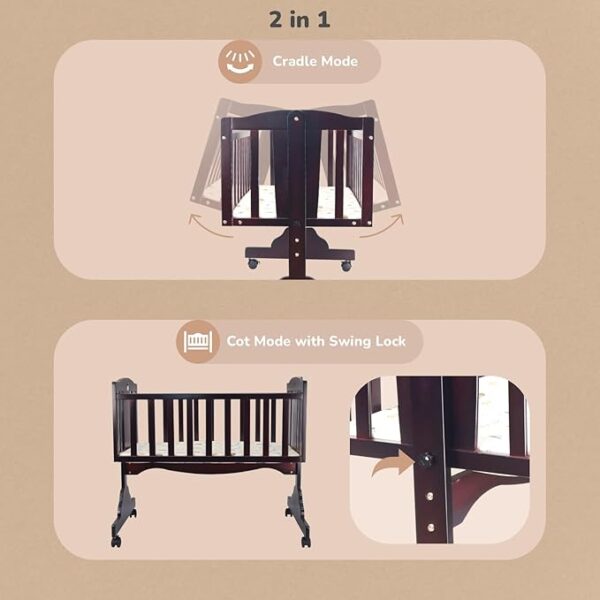Baby Wooden Cradle, Cot & Crib for Newborn Kids Bedding Set, Sleep Swing with Wheel Lock Function, Age 0-6 Months Upto 20 Kg Weight Capacity (Brown) - Image 3