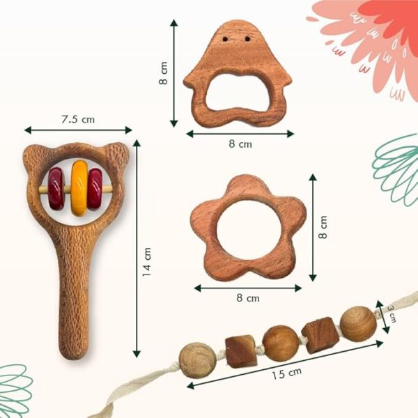 Wooden Baby Toys Combo, 100% Natural Neem Wood Teethers | Montessori Beads & Cubes | Rattle Set for Babies 0-6 Months | Early Education & Motor Skills Development | Handcrafted | Baby Toys for 0 to 6 Month | Wooden Toys - Image 6