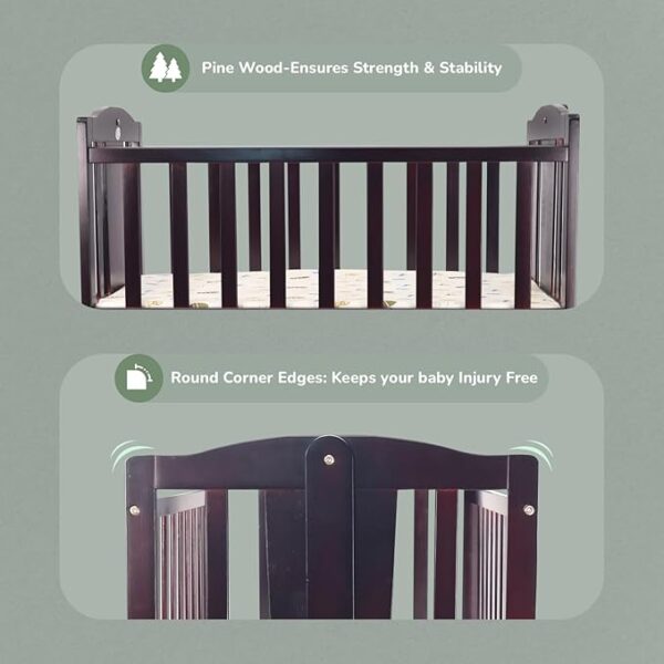 Baby Wooden Cradle, Cot & Crib for Newborn Kids Bedding Set, Sleep Swing with Wheel Lock Function, Age 0-6 Months Upto 20 Kg Weight Capacity (Brown) - Image 4