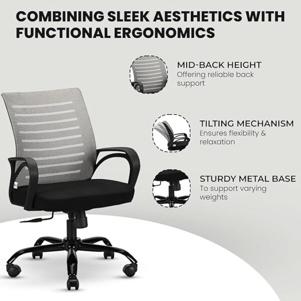 Office Chair with Height Adjustable Mechanism, Ergonomic Mid-Back Mesh Design |Heavy Duty Metal Base | Multi-Adjustment Revolving Chair (Self Assembly) (Mid Back, Grey) - Image 3