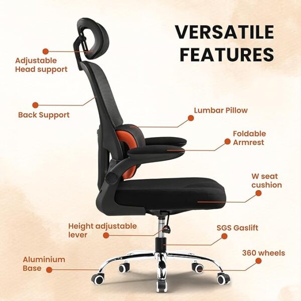 Premium Mesh Office Chair, Ergonomic Work from Home Chair, Auto-Adaptive Lumbar Support, Adjustable Headrest, 3 Year Warranty (Black) - Image 4