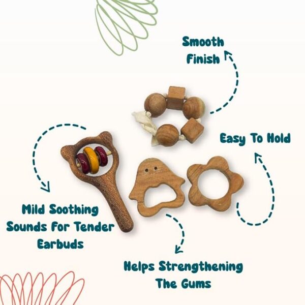 Wooden Baby Toys Combo, 100% Natural Neem Wood Teethers | Montessori Beads & Cubes | Rattle Set for Babies 0-6 Months | Early Education & Motor Skills Development | Handcrafted | Baby Toys for 0 to 6 Month | Wooden Toys - Image 5