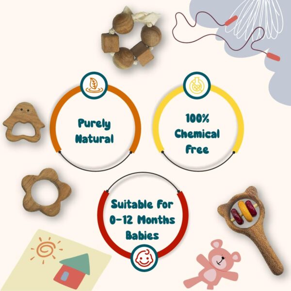 Wooden Baby Toys Combo, 100% Natural Neem Wood Teethers | Montessori Beads & Cubes | Rattle Set for Babies 0-6 Months | Early Education & Motor Skills Development | Handcrafted | Baby Toys for 0 to 6 Month | Wooden Toys - Image 4