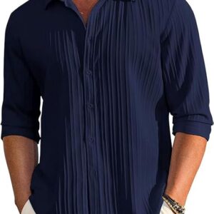 Men's Casual Button Down Shirts Long Sleeve Linen Shirt Fashion Textured Beach Summer NAVY BLUE Shirts