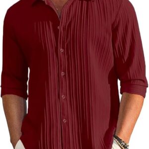Men's Casual Button Down Shirts Long Sleeve Linen Shirt Fashion Textured Beach Summer DARK RED Shirts