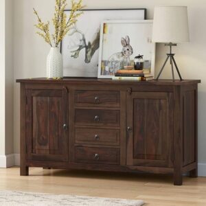 WoodMarwar Sheesham Wood Sideboard Tv Cabinet for Living Room | Free Standing Movable Tv Unit Side Board Table with 4 Drawers & 2 Door Cabinet Storage Furniture for Home | Walnut Finish
