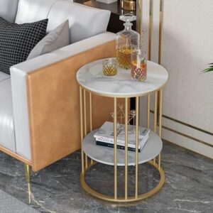 Metal Round Coffee Table with Extra Shelf for Living Room & Bedroom, Side Table for Small Spaces, Wooden Top & Metal Frame End Table, Modern Elegent Design (White & Golden)